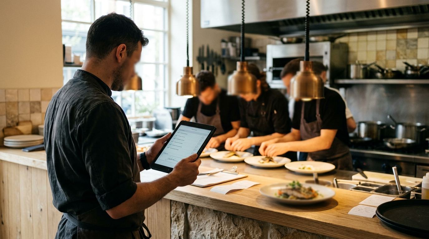 Empleado firmando la checklist con su PIN en la tablet, con la opción de escribir su nombre para enviar la lista