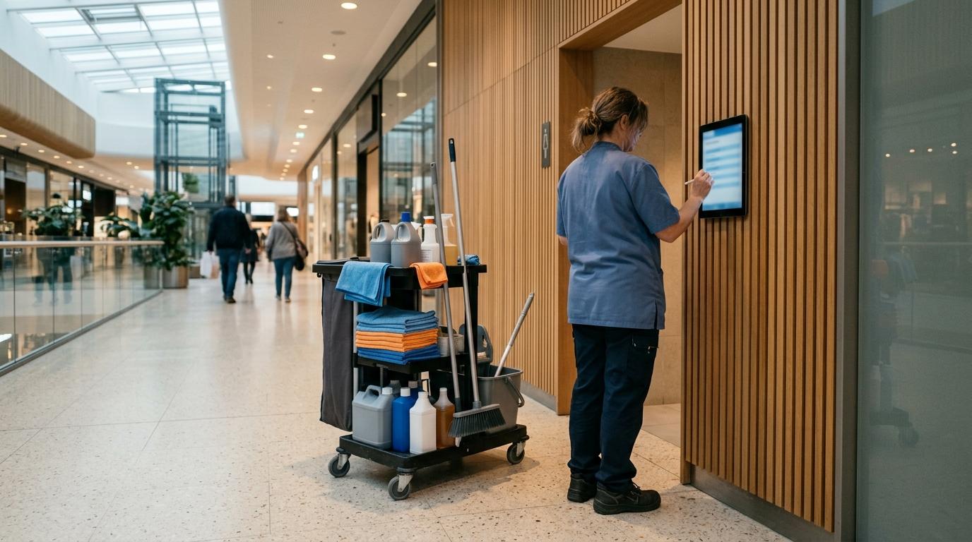 Operaria de limpieza firmando la ronda de baños en la tablet de la entrada, con su carro de limpieza profesional al lado