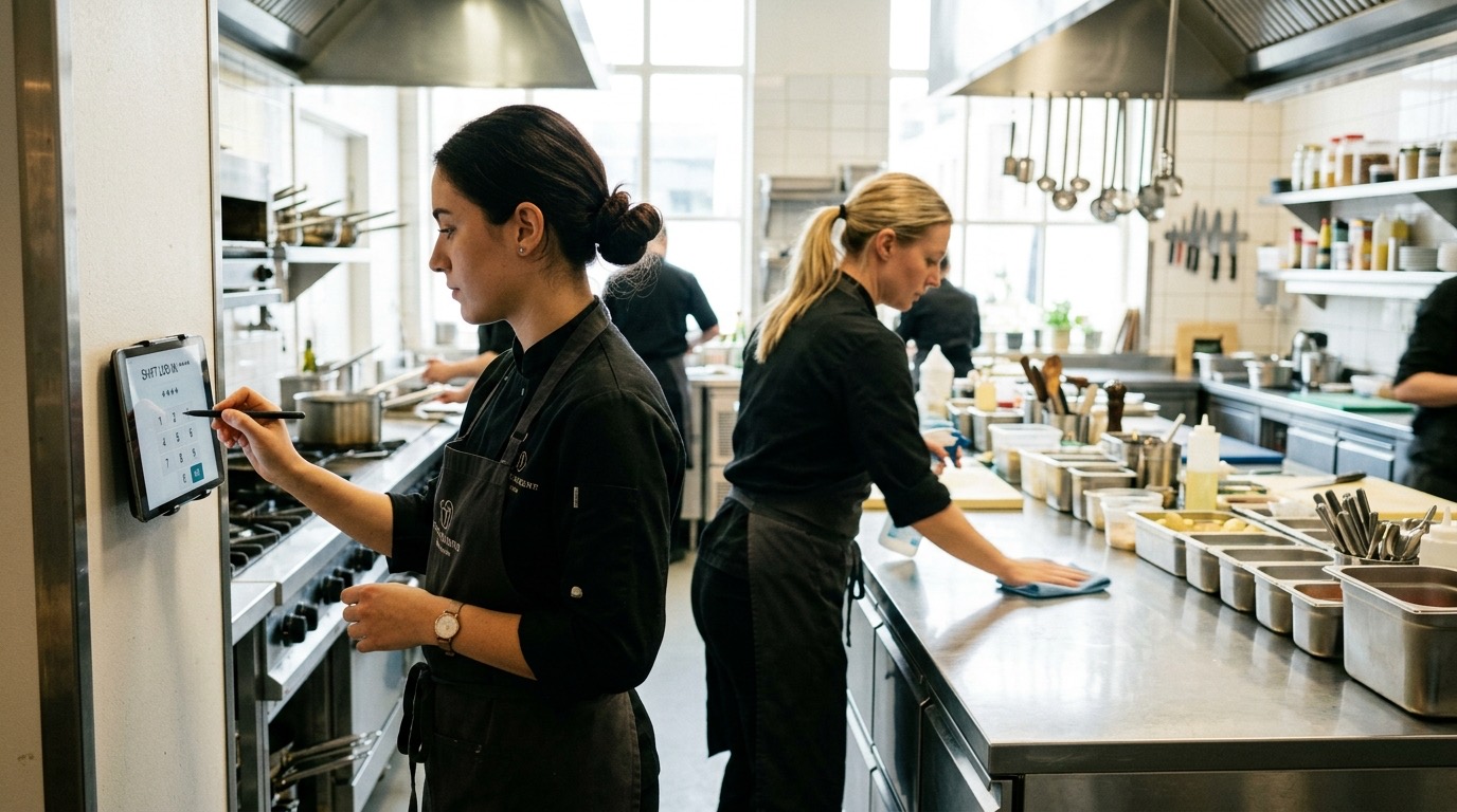 Empleada del turno de tarde firmando con su PIN en una tablet durante el cambio de turno en la cocina de un restaurante