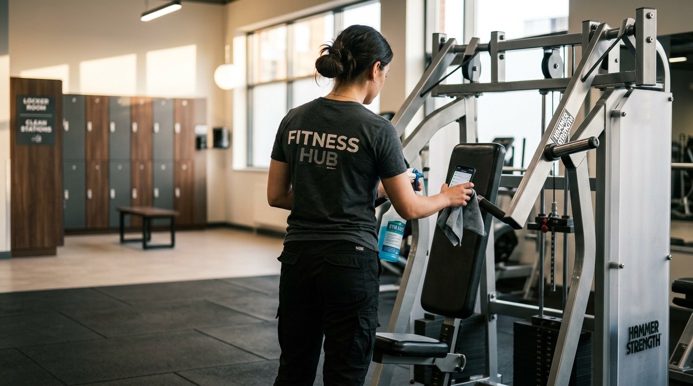 Monitor de un gimnasio desinfectando una máquina tras su turno y registrando la tarea en el móvil