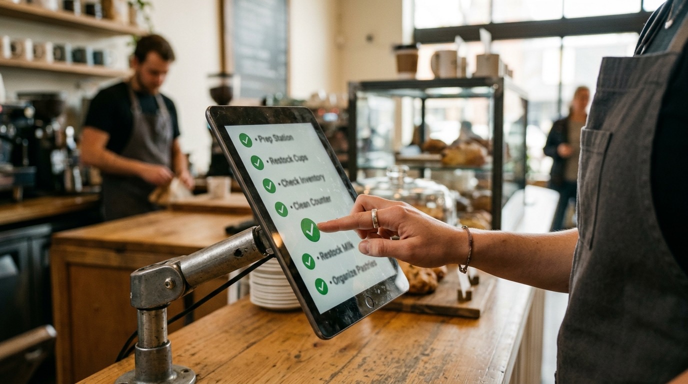 Empleado joven en su primer turno usando con naturalidad la tablet montada en la barra de una cafetería para marcar sus tareas