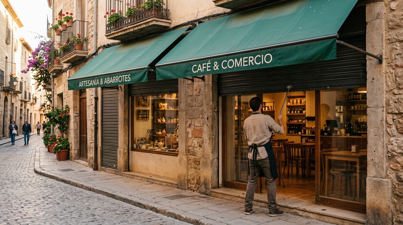 Dos locales del mismo negocio, una cafetería y una tienda de barrio, bajo la misma gestión en una calle española