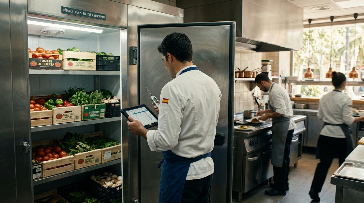 Cocinero registrando en la tablet la temperatura de la cámara de frutas y verduras, con el termómetro de sonda en la mano