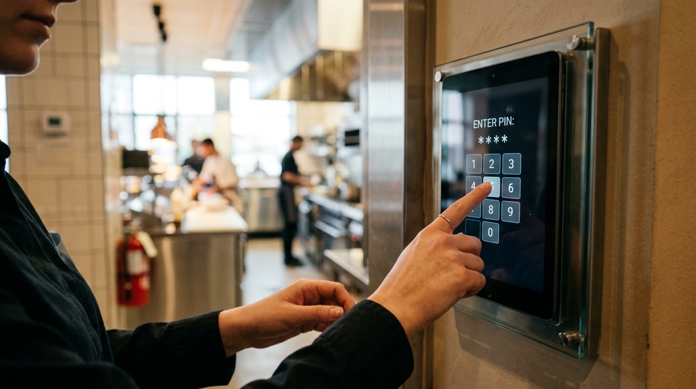 Manos de un empleado introduciendo su PIN de cuatro dígitos en una tablet montada en la pared junto al office de un restaurante
