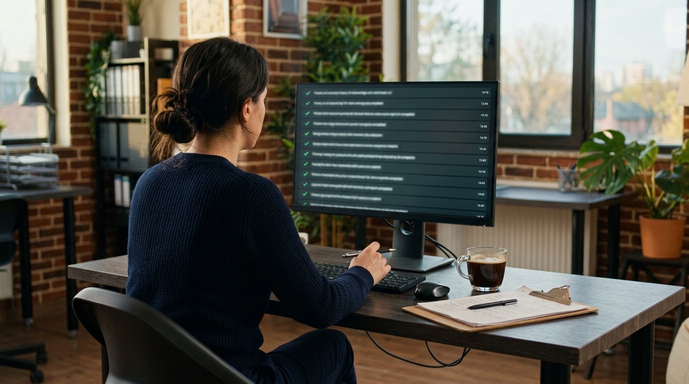 Responsable de espaldas revisando en una pantalla el historial de tareas completadas en la oficina trasera de un negocio